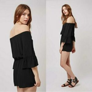 Topshop Gauzy Black Off The Shoulder Ruffle Detail Shorts Romper Bell Sleeves